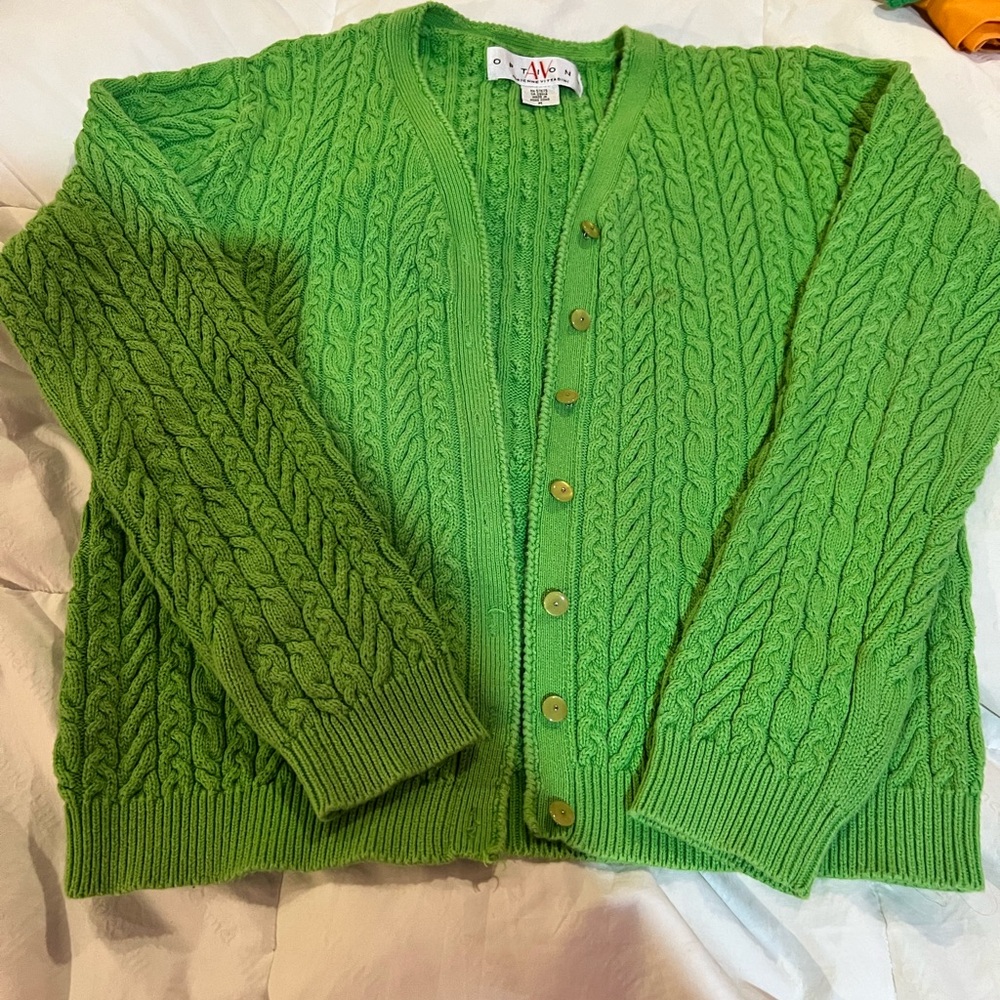 Adrienne Vittadini Option Vibrant Green Cable Knit Cardigan Sweater Size Medium